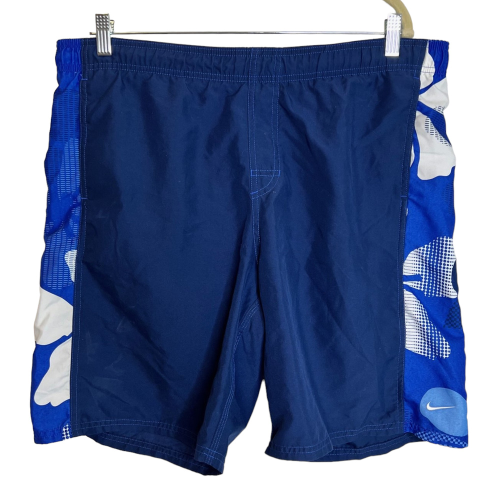 Nike Mens Swim Trunks Board Shorts Size Large Blue Side Print Pockets Drawstring